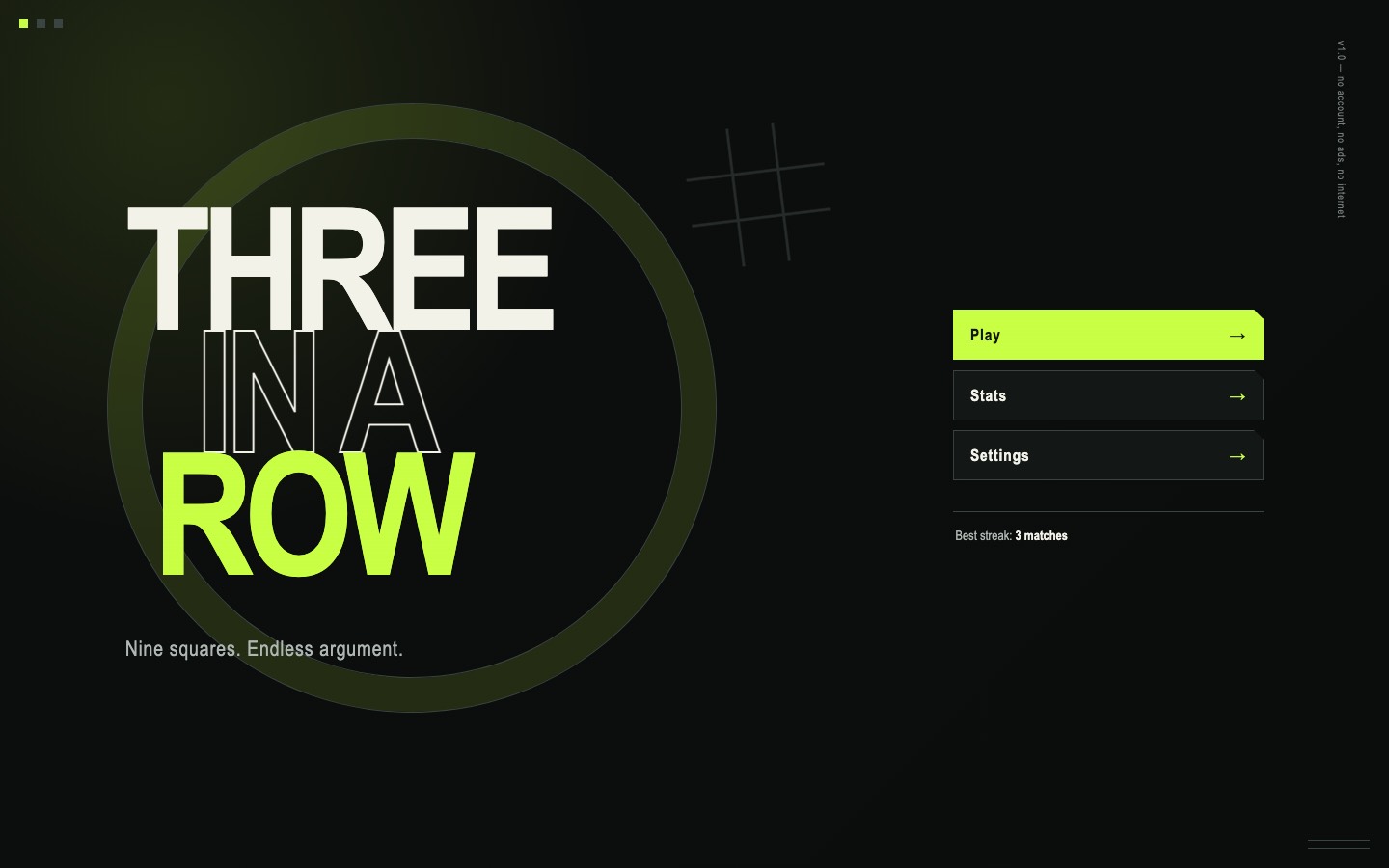 Three in a Row site built by GPT-5.6 Sol