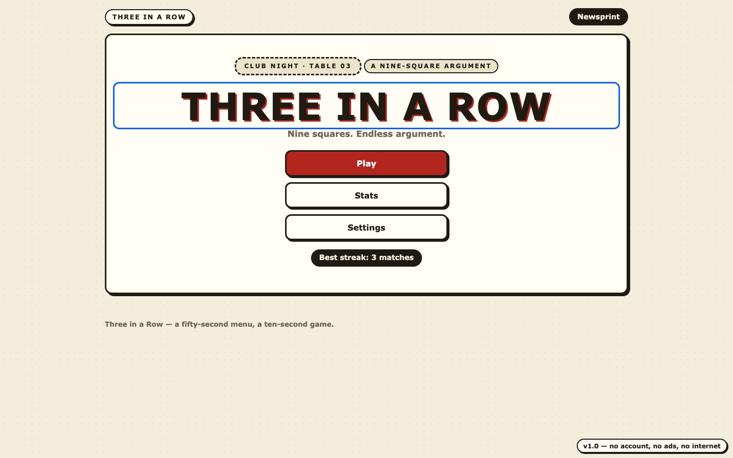 Three in a Row site built by Muse Spark 1.3